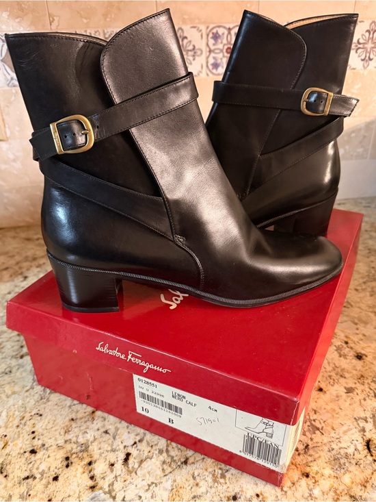 Salvatore Ferragamo Shoes - Vintage Ferragamo Black Leather Moto Ankle Boots Wrap Strap Gold Buckle UNWORN